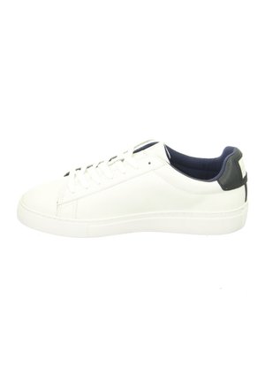 White leather sneakers with navy blue accents, flat laces, round toe, and textured rubber sole. Rear features a small logo patch.
