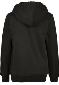 Felpa nera con cappuccio, caratterizzata da una texture morbida, tasca a doppio ingresso e polsini a coste. Design semplice senza loghi o motivi visibili.