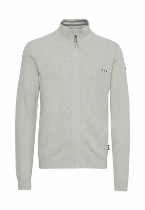 Pulover de culoare gri deschis, cu fermoar și guler înalt, manșete cu nervuri și un model texturat subtil. Prezintă un mic logo tricolor pe piept.