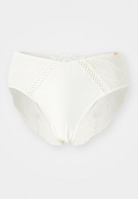 Chiloți din dantelă albă și satin, cu un model floral din dantelă pe laterale, panou central neted și detaliu în cruce la spate.