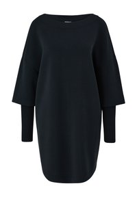 Robe-pull noire à manches longues avec manches intérieures côtelées qui dépassent des larges manches extérieures trois-quarts, et un col rond.