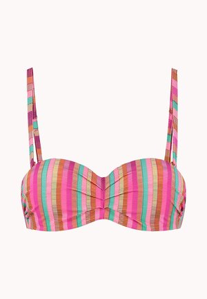 Bandeau-bikinibovenstuk met verstelbare bandjes, met verticale strepen in roze, aqua, oranje, bruin en beige kleuren.