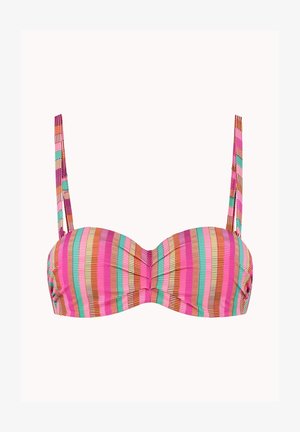 Bandeau bikiny vrchní díl s nastavitelnými ramínky, zdobený svislými pruhy v růžové, tyrkysové, oranžové, hnědé a béžové barvě.