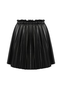 Gonna nera plissettata in finta pelle lucida, con vita elastica e silhouette fluida, caratterizzata da pieghe verticali distribuite in modo uniforme.