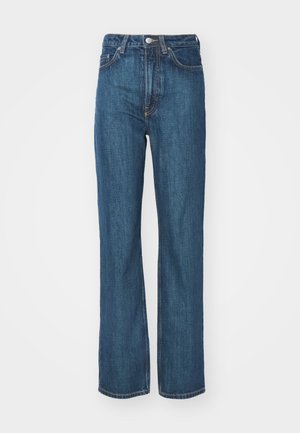 Blue denim jeans with a straight-leg cut, button closure, and five-pocket design. Fabric features a smooth texture with subtle stitching details.