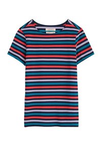 Gestreiftes T-Shirt in Marineblau, Rot, Türkis und Lavendel. Verfügt über kurze Ärmel und einen runden Halsausschnitt. Hergestellt aus weicher, dehnbarer Baumwolle.