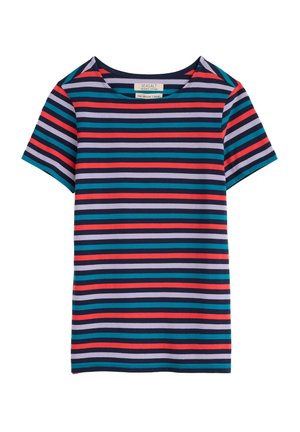 T-shirt rayé en bleu marine, rouge, turquoise et lavande. Il dispose de manches courtes et d'un col rond. Fabriqué en coton doux et extensible.