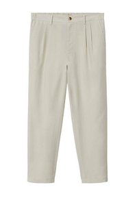 Lichtbeige broek met een relaxte pasvorm, voorzien van voorplooien, een elastische tailleband en een enkele knoopsluiting. Soepele stofstructuur.