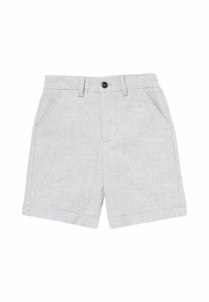 Shorts gris clair taillés avec passants de ceinture, bouton frontal, fermeture éclair et deux poches latérales sur fond blanc.