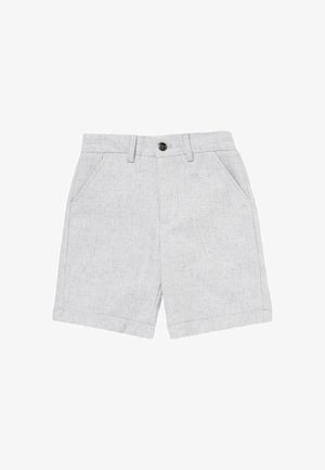 Shorts gris clair taillés avec passants de ceinture, bouton frontal, fermeture éclair et deux poches latérales sur fond blanc.