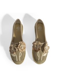 Beige mesh espadrilles met bloem appliqués in verschillende tinten, ronde neus en geborduurde jute zool. Zachte textuur en open ontwerp.