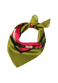 Foulard en soie verte de forme triangulaire, orné de pois roses et d'un design de bord noir audacieux. Texture lisse avec des extrémités nouées.