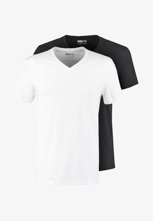 Dva majice s v-neck izrezom, jedna bijela i jedna crna, napravljene od pamuka. Majice imaju kratke rukave i glatku teksturu.