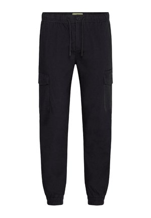 Sorte cargo bukser med elastisk talje og snøre. Har sidelommer og tapered manchetter. Fremstillet af et let stof.