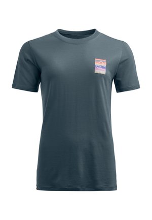 Short-sleeve dark gray t-shirt made of soft fabric, featuring a colorful rectangular logo on the left chest. Classic crew neck design.