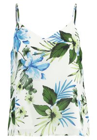 Blommig linne i lätt tyg. Har blå blommor och gröna blad på en vit bakgrund. Tunna axelremmar, avslappnad passform.