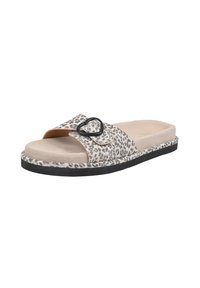 Luipaardprint slide sandalen met een zwarte hartvormige gesp, van zacht beige materiaal met een gestructureerde zool. Vlak met een open teen ontwerp.