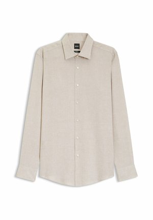 Camicia beige a maniche lunghe con bottoni, colletto classico, orlo dritto e etichetta del marchio all'interno del colletto.
