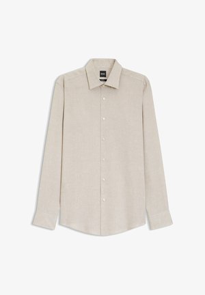 Camicia beige a maniche lunghe con bottoni, colletto classico, orlo dritto e etichetta del marchio all'interno del colletto.