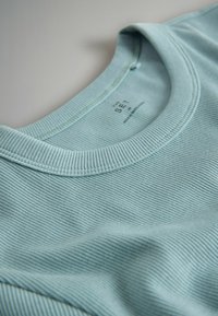 Gaiši zils ribots kokvilnas T-krekls ar apaļu izgriezumu un redzamām šuvju detaļām. Iekšpusē esošā etiķete ar smalku uzrakstu "The Set".