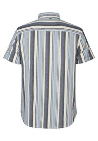 Korte mouw shirt met verticale strepen in lichtblauw, marineblauw en crème. Heeft een klassieke kraag en een geweven textuur. Rechte zoom.