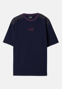 Navy blue t-shirt with a round neckline, short sleeves, and contrasting purple accents. Features a rectangular label on the chest.