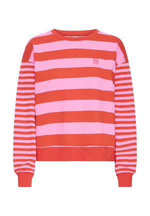 Jersey de manga larga con amplias rayas horizontales rojas y rosas en el cuerpo y rayas estrechas en las mangas, cuello redondo y pequeño logo en el pecho.