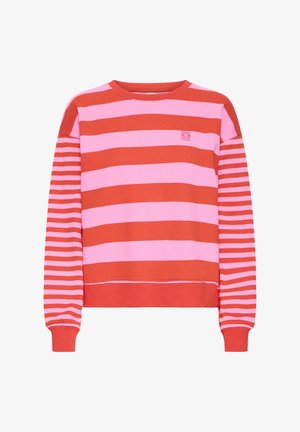 Jersey de manga larga con amplias rayas horizontales rojas y rosas en el cuerpo y rayas estrechas en las mangas, cuello redondo y pequeño logo en el pecho.