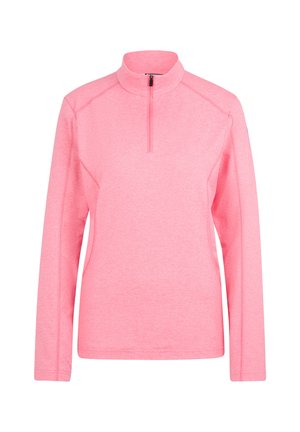 Dames long-sleeve roze kwart-rits sweatshirt met een opstaande kraag en zichtbare naden op de mouwen en schouders.