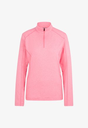 Damen Langarm-Pullover in Pink mit Viertel-Reißverschluss, Stehkragen und sichtbaren Nahtdetails an Ärmeln und Schultern.