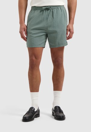 Groene geweven shorts met een elastische tailleband en trekkoord, voorzien van zijzakken en een gestructureerde afwerking. Gecombineerd met zwarte instapschoenen.