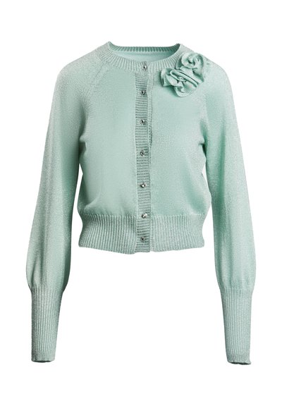 Minzgrüner Cardigan mit geripptem Saum und Ärmeln, aus strukturiertem Stoff, mit Knopfverschluss vorne und floralen Akzenten an der linken Schulter.