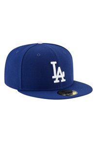 Blue baseball cap made of fabric featuring a structured design, flat brim, and white embroidered "LA" logo on the front.
