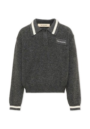 Ciemnoszary dzianinowy sweter z długim rękawem z białymi paskami na kołnierzu i mankietach, dwoma guzikami przy kołnierzu oraz naszywką z logo Trussardi na piersi.