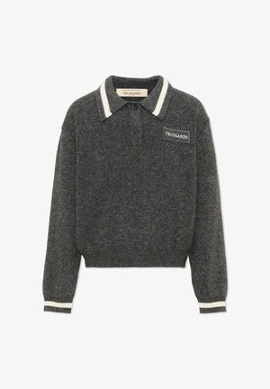 Ciemnoszary dzianinowy sweter z długim rękawem z białymi paskami na kołnierzu i mankietach, dwoma guzikami przy kołnierzu oraz naszywką z logo Trussardi na piersi.