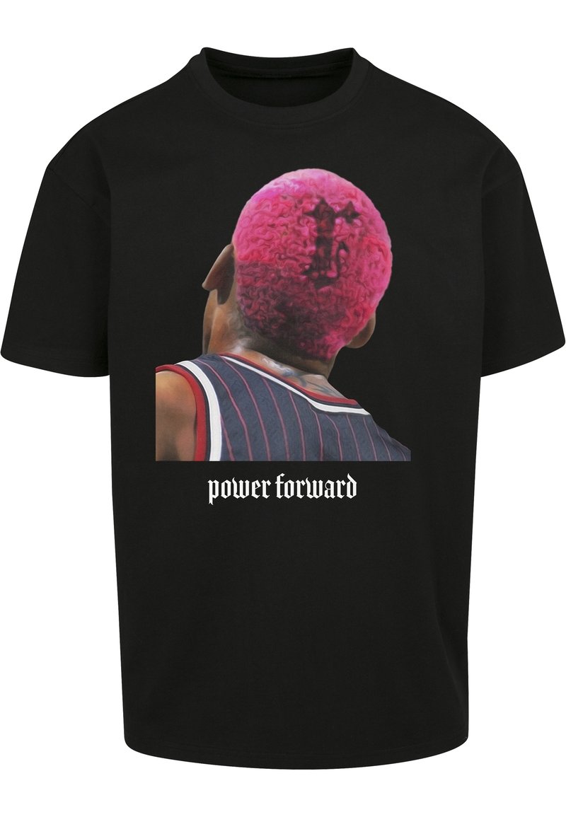 Svart t-shirt med en grafisk bild av en rosa-hårig person bakifrån och frasen "power forward" i vit gotisk stil nedanför.
