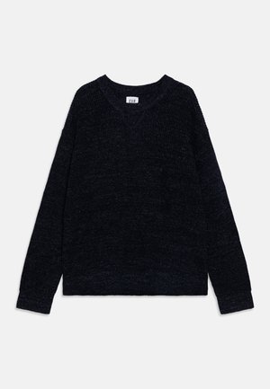 Sort langærmet strikket sweater med rund hals, vist fladt på en hvid baggrund.