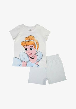 Ensemble de pyjama à manches courtes comprenant un haut blanc avec un motif Cendrillon et un short bleu clair, confectionné en coton doux.
