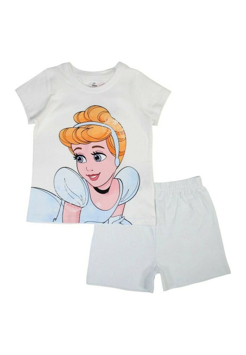 Ensemble de pyjama à manches courtes comprenant un haut blanc avec un motif Cendrillon et un short bleu clair, confectionné en coton doux.