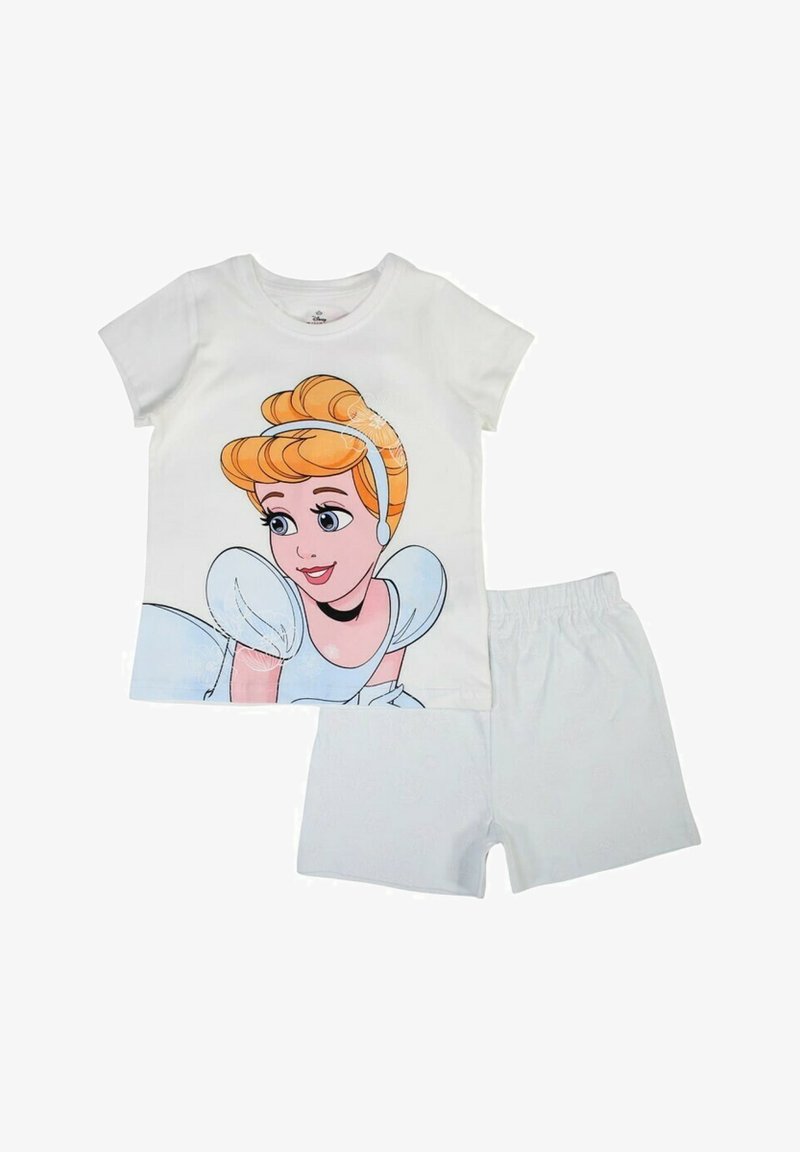Ensemble de pyjama à manches courtes comprenant un haut blanc avec un motif Cendrillon et un short bleu clair, confectionné en coton doux.