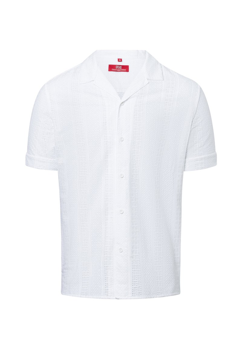 Weißes Kurzarmhemd mit Knopfleiste, ausgestattet mit strukturierten Lochmustern und einem klassischen Kragen.