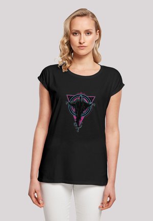 Black short-sleeve t-shirt featuring a colorful graphic design of a figure within geometric shapes. Made of soft, lightweight fabric.