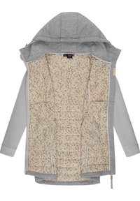 Šedá kapucňová bunda so vzorovaným béžovým vnútrom, s prešívaným dizajnom a prednými vreckami na zips.
