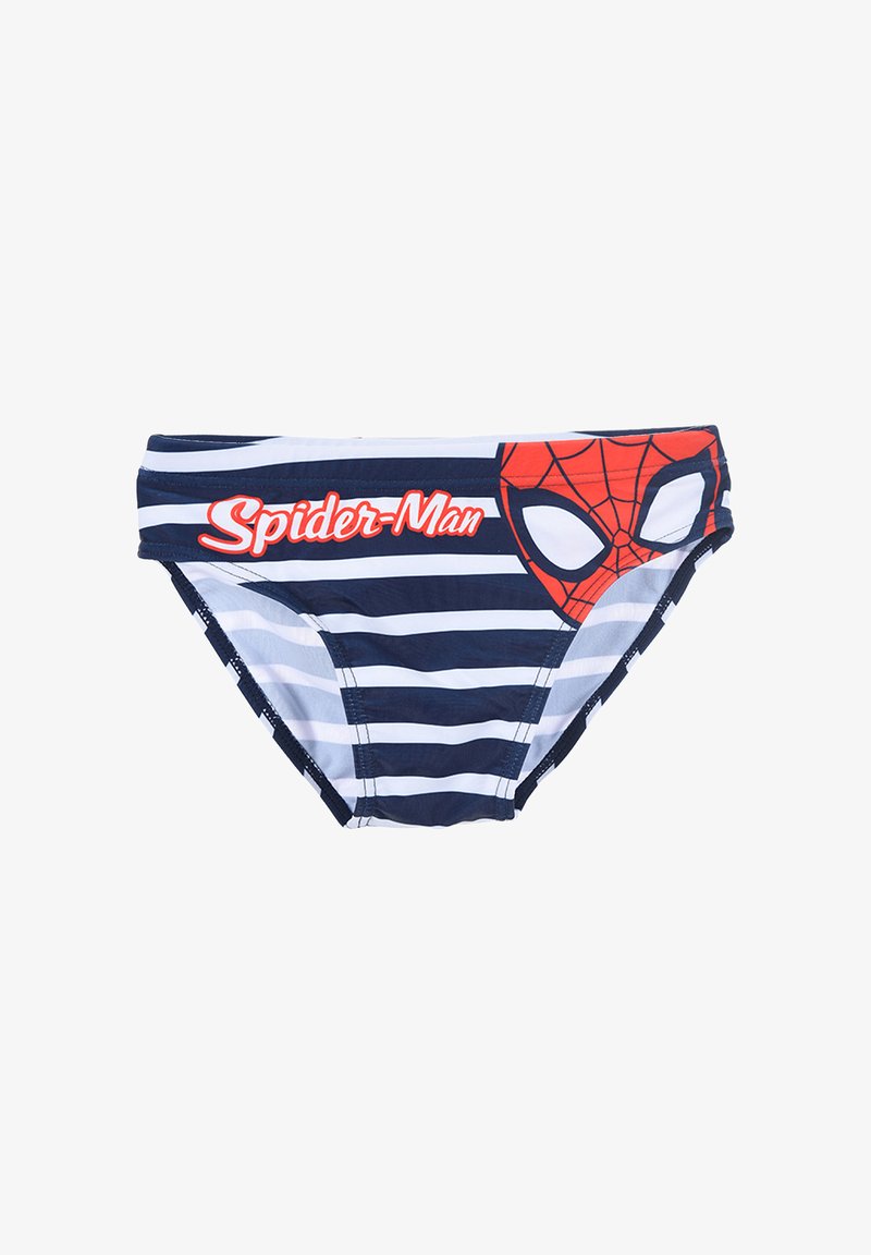 Marineblau und weiße gestreifte Badehose mit einem großen roten Spider-Man-Logo und Akzent auf einer Seite, hergestellt aus dehnbarem, leichtem Material.