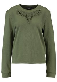 Oliwkowy długi rękaw sweatshirt z teksturowanym haftem koronkowym przy dekolcie i ściągaczami przy mankietach. Miły w dotyku materiał i luźny krój.