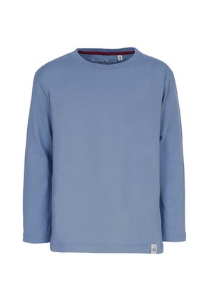 Langarm-T-Shirt aus hellblauem Baumwollstoff, Rundhalsausschnitt, mit einem gerippten Halsabschluss und einem kleinen Logokleber auf der linken unteren Seite.