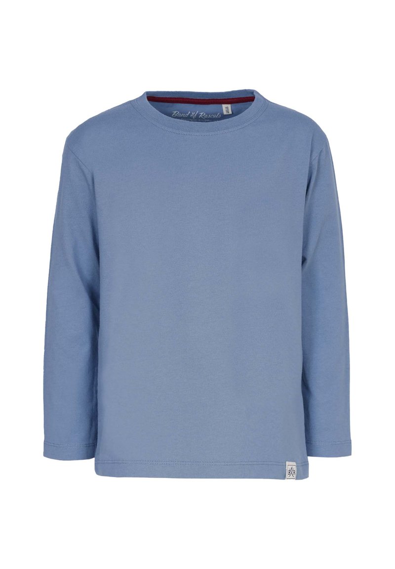 Langærmet t-shirt i lysblå bomuld, rund hals, med ribbet halsudskæring og et lille logoetiket på nederste venstre side.