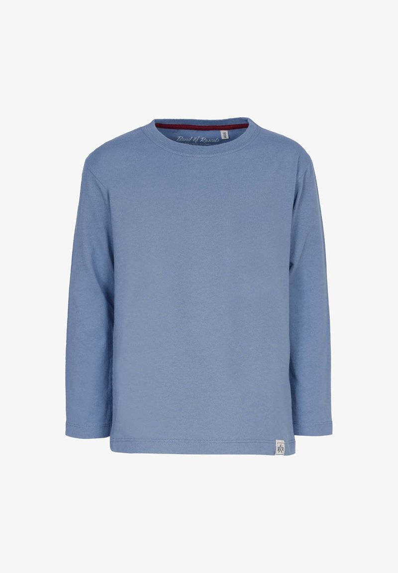 Langærmet t-shirt i lysblå bomuld, rund hals, med ribbet halsudskæring og et lille logoetiket på nederste venstre side.