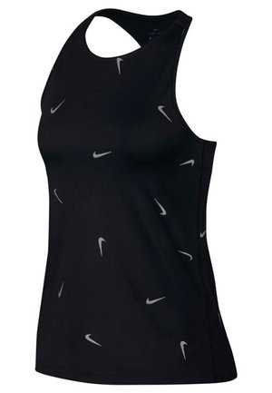 Schwarzes ärmelloses Sport-Top mit mehreren kleinen grauen Nike-Swoosh-Logos, die über den Stoff verteilt sind, mit einem Racerback-Design.