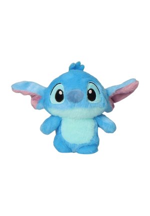 Blauw en licht turquoise knuffeldier met grote zwarte ogen, grote oren met roze binnenzijden en een kleine pluk bovenop.